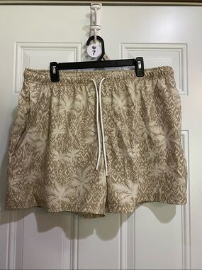 Men's Beige Tropical-Print Swim Trunks with Drawstring